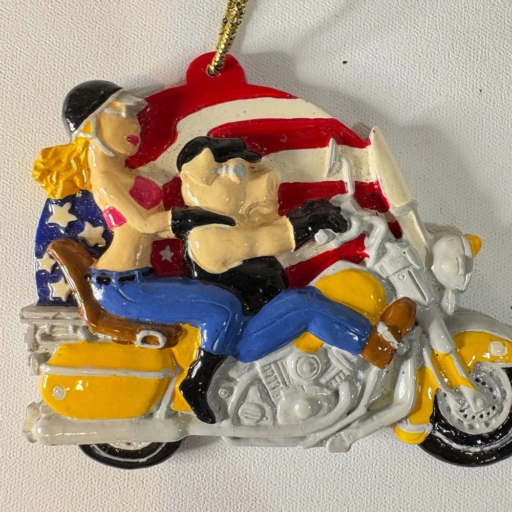 Vintage BBD Motorcycle Biker Christmas Ornament American Flag Patriotic Resin